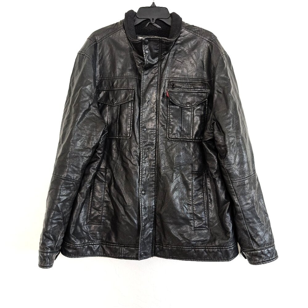 LEVIS Jacket Men's 2XL Brown Faux Leather Snap Sherpa Lined Trucker Bomber READ